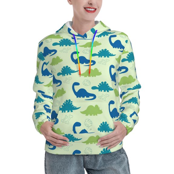 Fotbe Cute Dinosaur Blue Green Pattern Womens Long Sleeve Hoodie, Pullover Hooded Sweatshirt, Kangaroo Pocket Hoodie with Eye-catching Drawstrings-