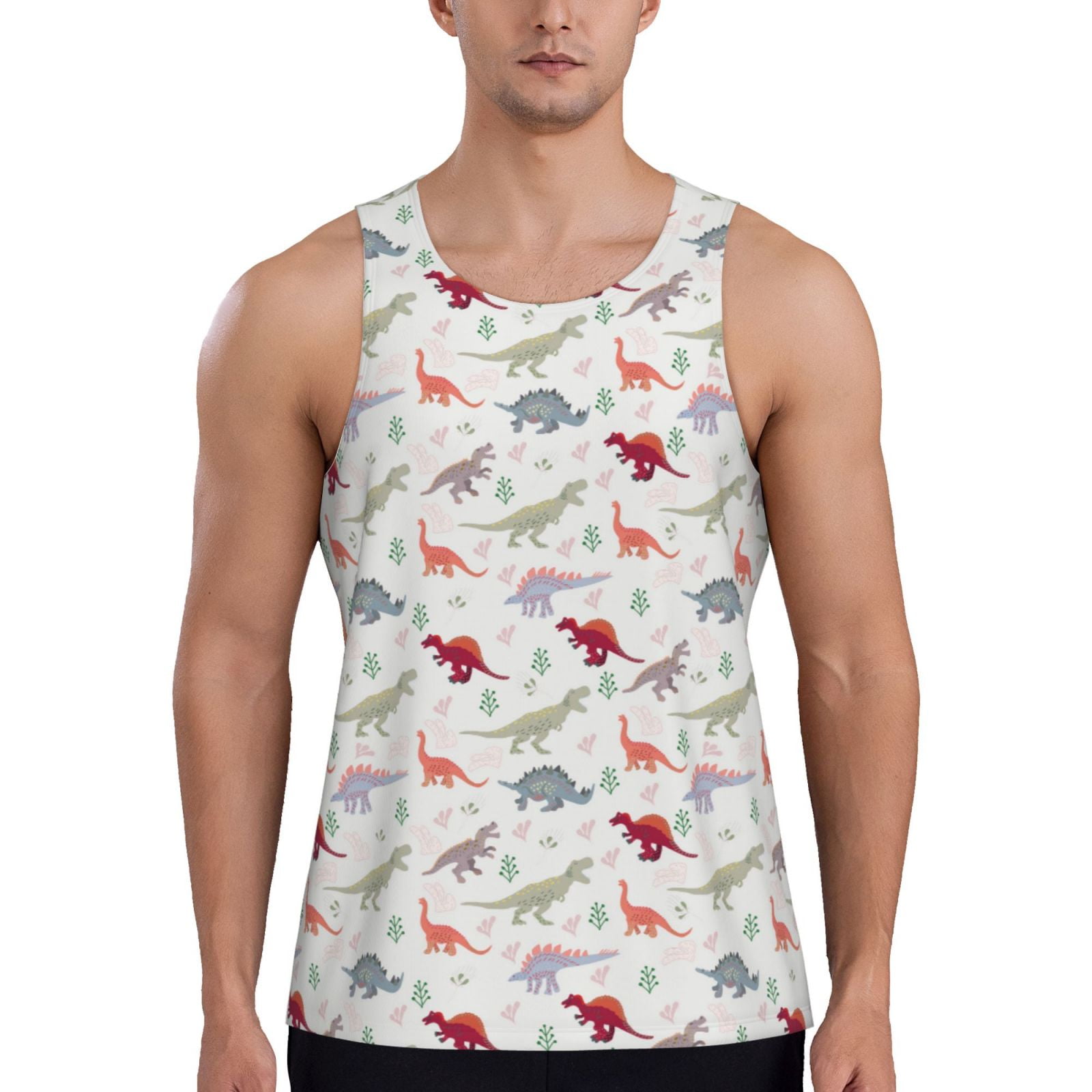 Fotbe Cute Dinosaur Pattern Men's Quick Dry Workout Tank Top Gym Muscle