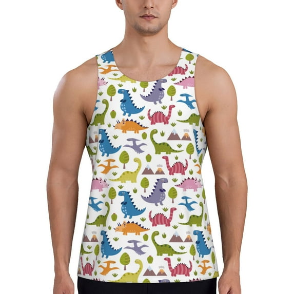 Fotbe Cute Dinosaur Pattern Men's Quick Dry Workout Tank Top Gym Muscle Tee Fitness Bodybuilding Sleeveless T Shirt Breathable Workout Shirt-Small