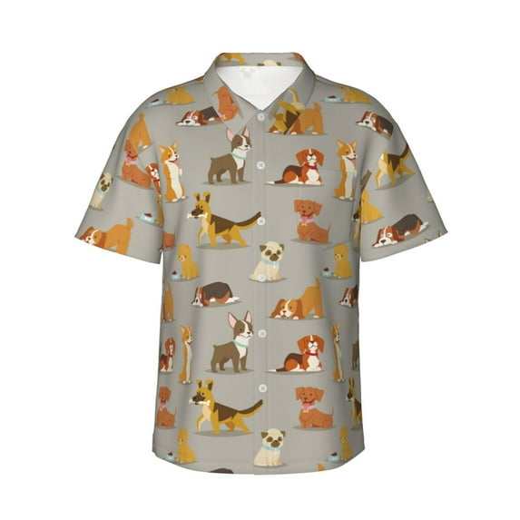 Fotbe Cute Dog Hawaiian Shirt for Men Unisex Summer Beach Casual Short Sleeve Cotton Linen Button Down Shirts-Small