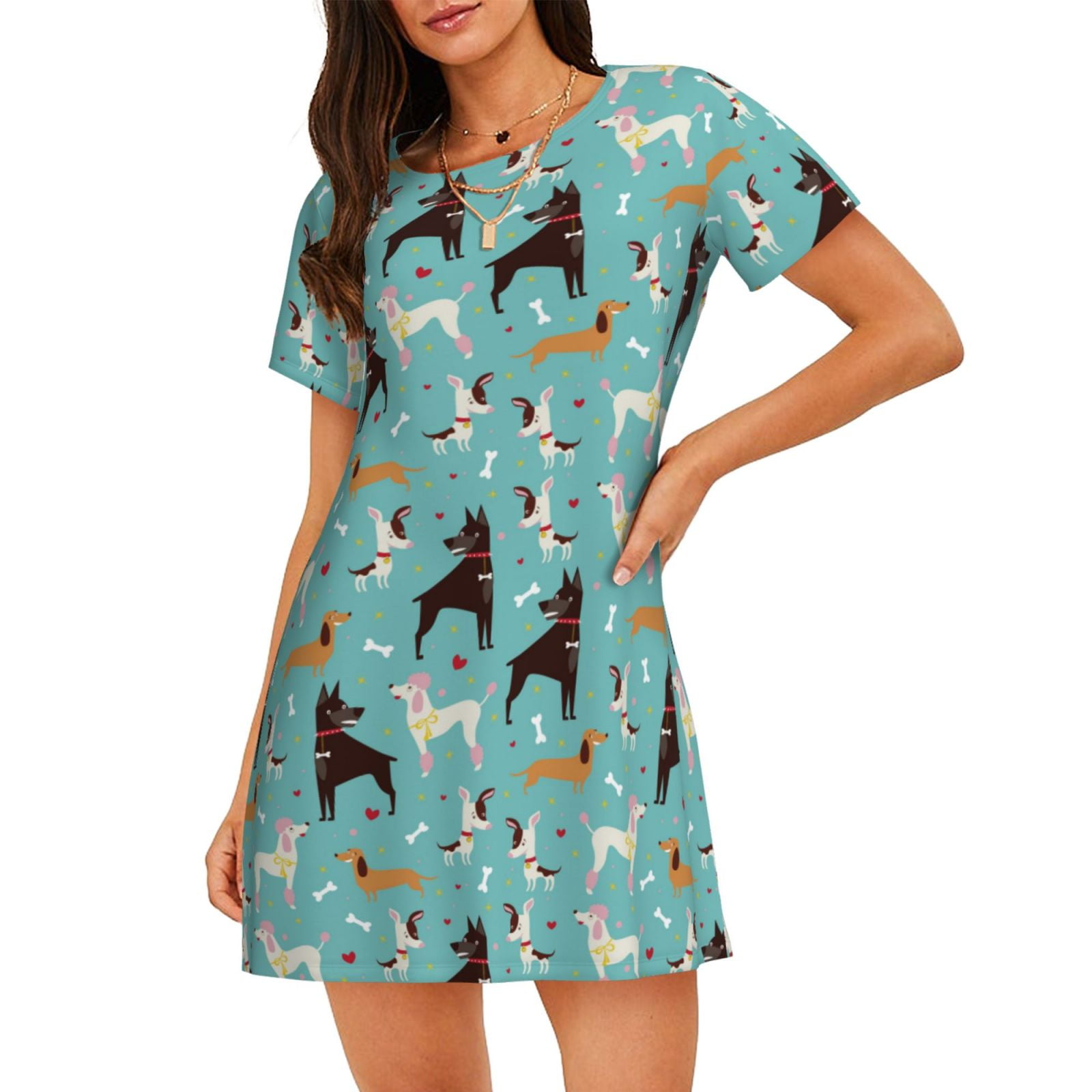 Women's Cotton Nightgown Sleep Dress | Short Sleeve, Oversized Fit, Printed Pajamas For Lounge & Sleep