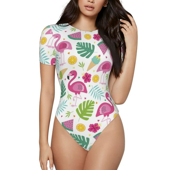 Fotbe Cute Flamingo Women's Crew Neck Short Sleeves Bodysuit Tops Round Neck Slim Sleeveless Soft Comfortable Basic-Medium