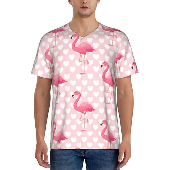 Fotbe Cute Flamingo with Heart Baseball Jersey Shirt for Men and Women, Casual Short Sleeves Button Down T-Shirt-4X-Large