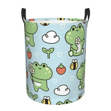 Fotbe Cute Floral Frog Laundry Basket with Handles, Waterproof Large Laundry Hamper, Wash Bag for Corner Dorm, Rolling Laundry Basket with Handles-Small