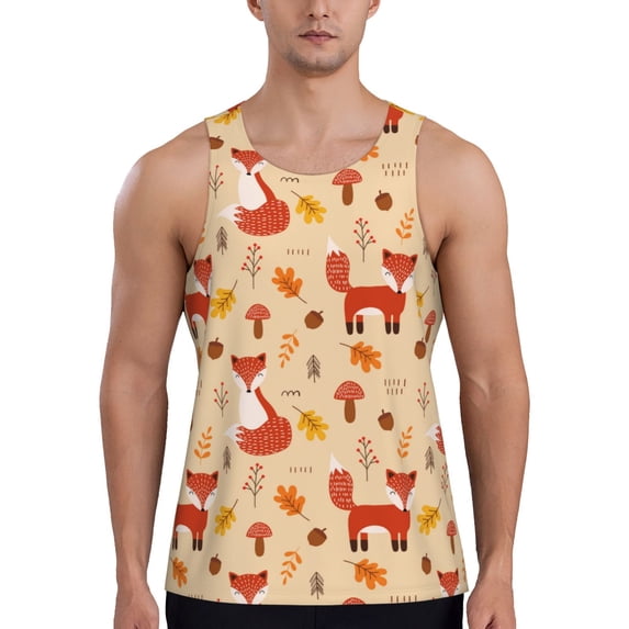 Fotbe Cute Foxes Pattern Men's Quick Dry Workout Tank Top Gym Muscle Tee Fitness Bodybuilding Sleeveless T Shirt Breathable Workout Shirt-4X-Large