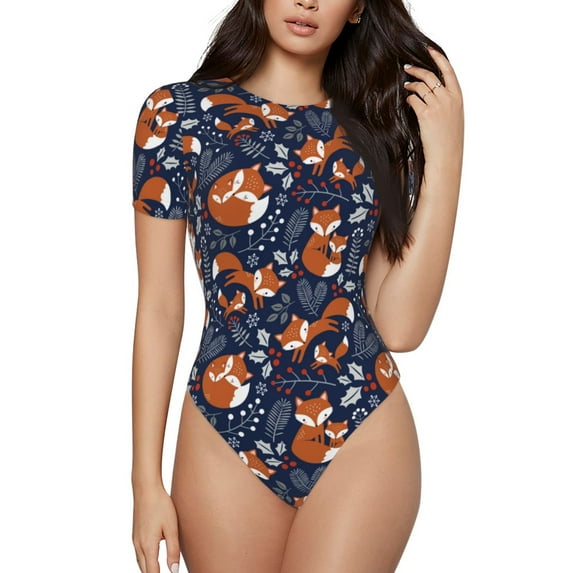 Fotbe Cute Foxes Women's Crew Neck Short Sleeves Bodysuit Tops Round Neck Slim Sleeveless Soft Comfortable Basic-Large