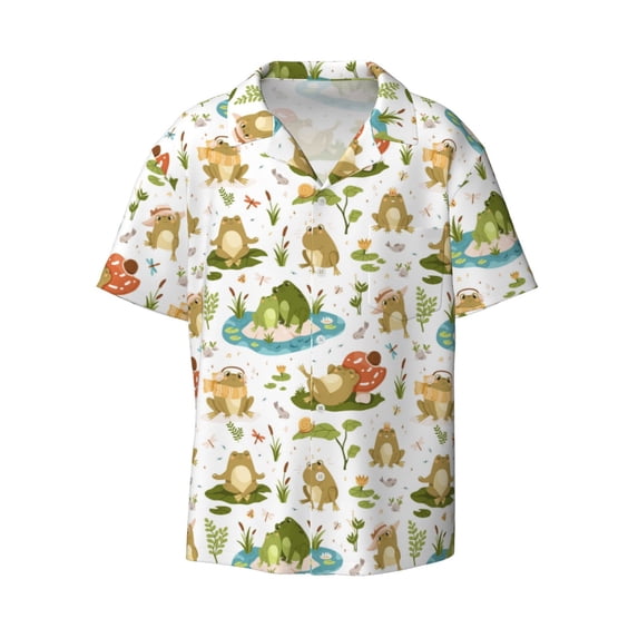 Fotbe Cute Frog print Short Sleeve Button Down Shirts for Men Casual Summer Beach Wrinkle Free Shirt-Large