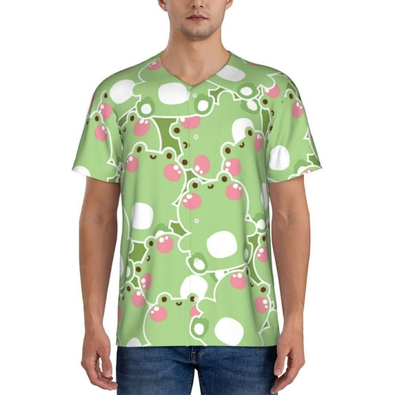 Fotbe Cute Frog2 Baseball Jersey Shirt for Men and Women, Casual Short Sleeves Button Down T-Shirt-Small
