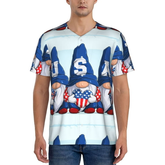 Fotbe Cute Gnomes in USA Baseball Jersey Shirt for Men and Women, Casual Short Sleeves Button Down T-Shirt-Large