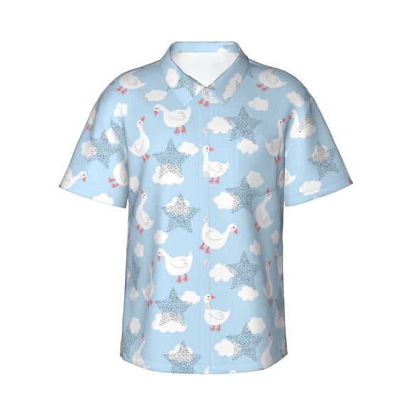 Fotbe Cute Goose On A Blue Sky Hawaiian Shirt for Men Unisex Summer Beach Casual Short Sleeve Cotton Linen Button Down Shirts-X-Large