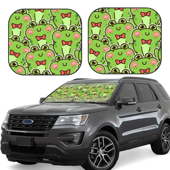 Fotbe Cute Green Frog 2-Piece Car Windshield Sun Shade | Sun Blocker for Car Windshield | Foldable Automotive Interior Accessories for Sun Protection-Medium