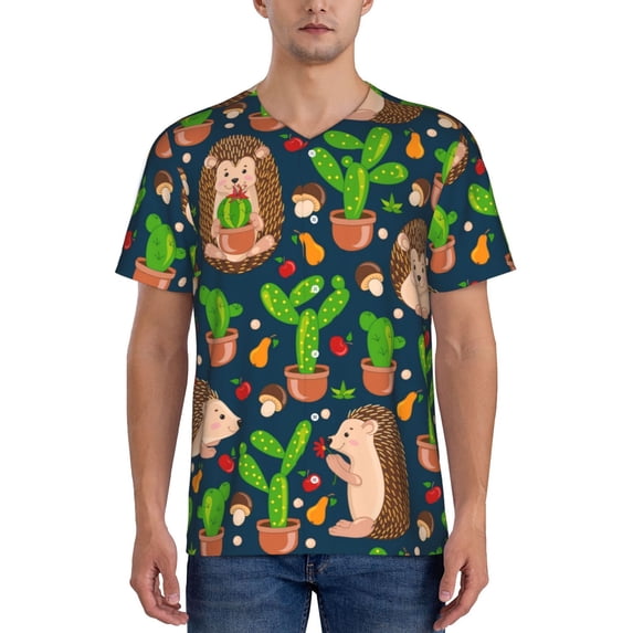 Fotbe Cute Hedgehogs Cactus Blue Baseball Jersey Shirt for Men and Women, Casual Short Sleeves Button Down T-Shirt-XX-Large