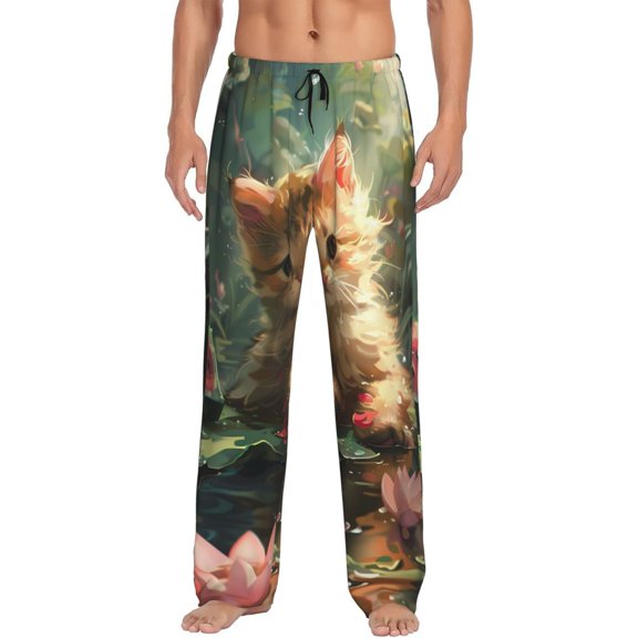 Fotbe Cute Kitten Water Lilies Men's Pajama Pants,Sleepwear Pants,Pj Bottoms Drawstring And Pockets-Small