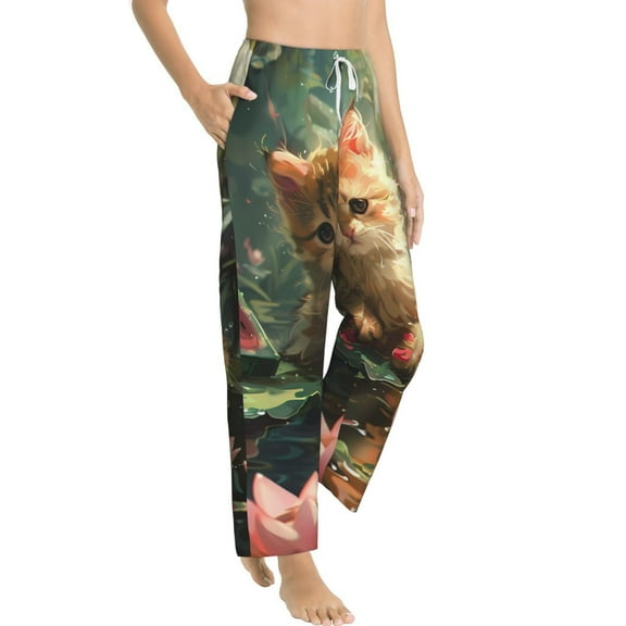 Fotbe Cute Kitten Water Lilies Women's Pajama Pants,Sleepwear Pants,Pj Bottoms Drawstring And Pockets-Medium