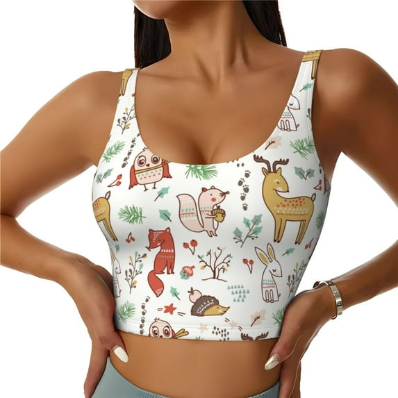 Fotbe Cute Little Animals Pattern Womens' Sports Bra Longline Wirefree Padded with Medium Support Sports Moisture-Wicking Workou Vest,Tank Top-XX-Large