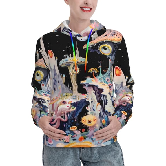 Fotbe Cute Mushroom Landscape Pattern Womens Long Sleeve Hoodie, Pullover Hooded Sweatshirt, Kangaroo Pocket Hoodie with Eye-catching Drawstrings-Small