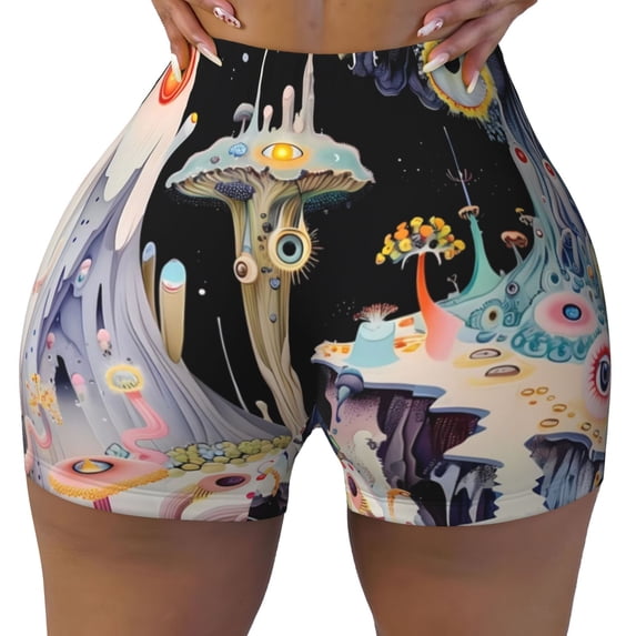 Fotbe Cute Mushroom Landscape Seamless Shorts, Womens Workout Shorts High Waist Stretch Booty Short for Gym/Yoga/Running/Biking-Large