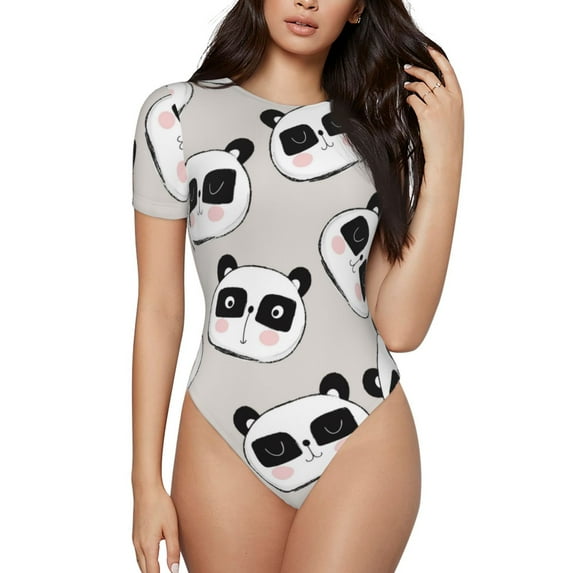 Fotbe Cute Panda Women's Crew Neck Short Sleeves Bodysuit Tops Round Neck Slim Sleeveless Soft Comfortable Basic-Large