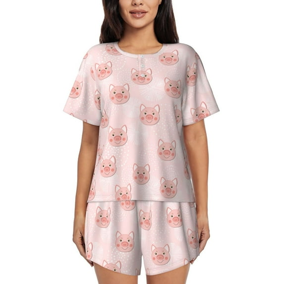 Fotbe Cute Pig Face Print Pajama Set for Women 2 Piece Loungewear Short Sleeve Tops and Shorts Set Soft Sleepwear-Small