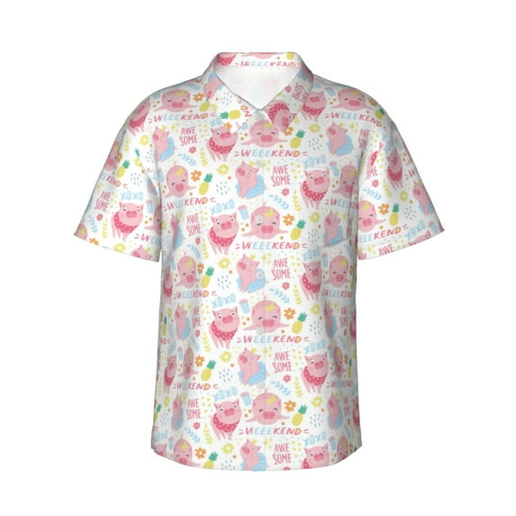 Fotbe Cute Pig Hawaiian Shirt for Men Unisex Summer Beach Casual Short Sleeve Cotton Linen Button Down Shirts-X-Large