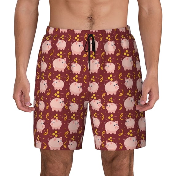 Fotbe Cute Pig with Coins Men’s Swim Trunks Quick Dry Swim Shorts Board Shorts with Mesh Lining-3X-Large