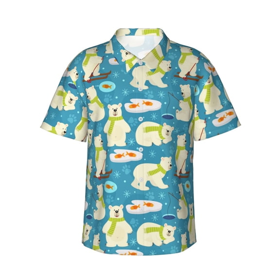 Fotbe Cute Polar Bear Fishing Hawaiian Shirt for Men Unisex Summer Beach Casual Short Sleeve Cotton Linen Button Down Shirts-3X-Large