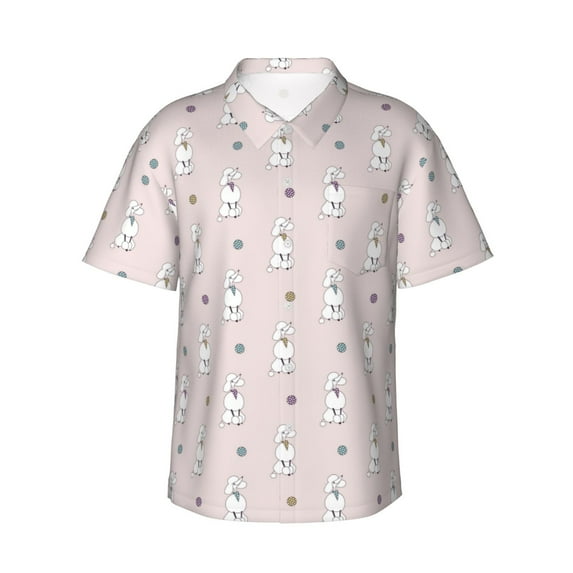 Fotbe Cute Poodle Dog Hawaiian Shirt for Men Unisex Summer Beach Casual Short Sleeve Cotton Linen Button Down Shirts-Large