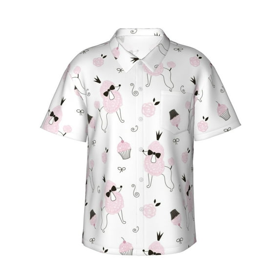 Fotbe Cute Poodle Dog Hawaiian Shirt for Men Unisex Summer Beach Casual Short Sleeve Cotton Linen Button Down Shirts-Small