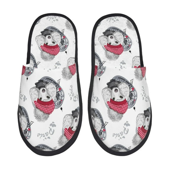 Fotbe Cute Poodle Dog Pattern Women's Fuzzy Slippers Plush Slippers Fluffy Winter House Shoes Indoor and Outdoor-Large