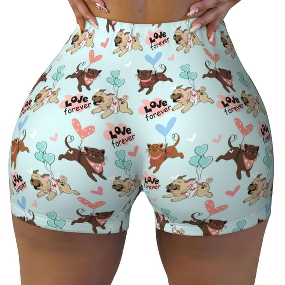 Fotbe Cute Pug Dogs Seamless Shorts, Womens Workout Shorts High Waist Stretch Booty Short for Gym/Yoga/Running/Biking-X-Large