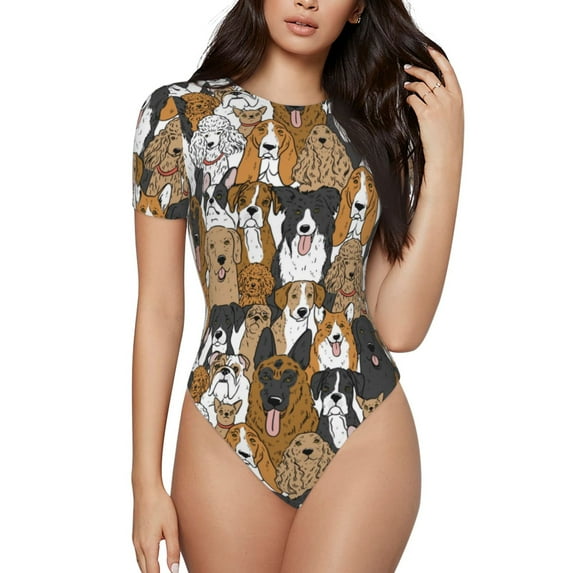Fotbe Cute Puppy Women's Crew Neck Short Sleeves Bodysuit Tops Round Neck Slim Sleeveless Soft Comfortable Basic-Medium