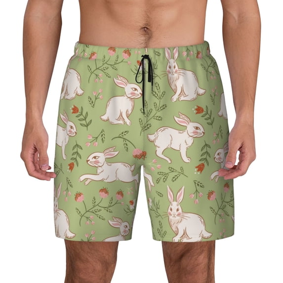 Fotbe Cute Rabbit And Flower Men’s Swim Trunks Quick Dry Swim Shorts Board Shorts with Mesh Lining-Medium