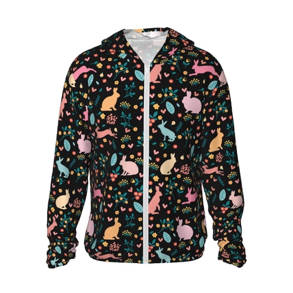 Fotbe Cute Rabbit And Flower Men's Women's UPF 50+ Sun Protection Jacket Hooded Cooling Shirt with Pockets Hiking Outdoor Performance-X-Large