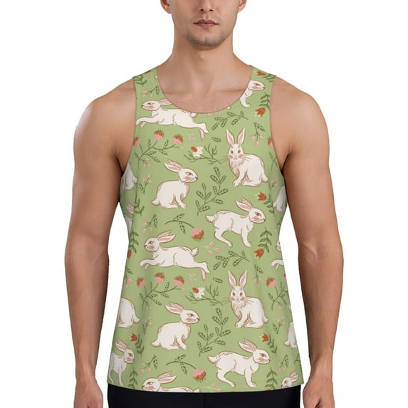 Fotbe Cute Rabbit And Flower Pattern Men's Quick Dry Workout Tank Top Gym Muscle Tee Fitness Bodybuilding Sleeveless T Shirt Breathable Workout Shirt-