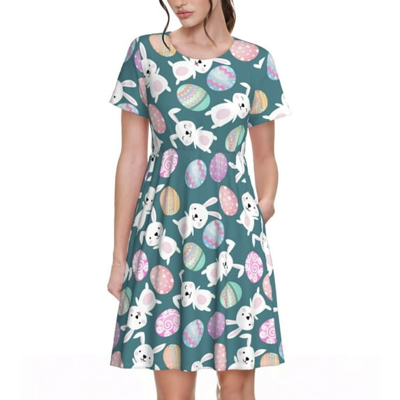 Fotbe Cute Rabbit Easter Pattern Dress Casual Womens Fashion Short Sleeve Maxi Dress T Shirt Dress Striped Long Color Block Maxi Dress