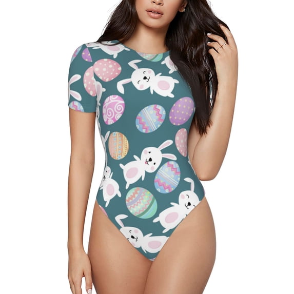 Fotbe Cute Rabbit Easter Women's Crew Neck Short Sleeves Bodysuit Tops Round Neck Slim Sleeveless Soft Comfortable Basic-Medium