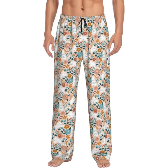 Fotbe Cute Rabbit Floral Men's Pajama Pants,Sleepwear Pants,Pj Bottoms Drawstring And Pockets-Medium