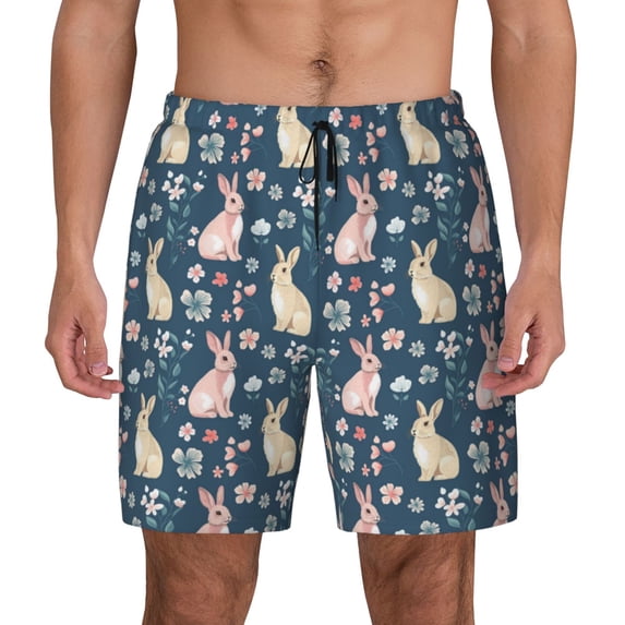 Fotbe Cute Rabbit Floral Men’s Swim Trunks Quick Dry Swim Shorts Board Shorts with Mesh Lining-Small