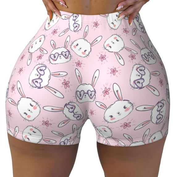 Fotbe Cute Rabbit Flower Seamless Shorts, Womens Workout Shorts High Waist Stretch Booty Short for Gym/Yoga/Running/Biking-Large