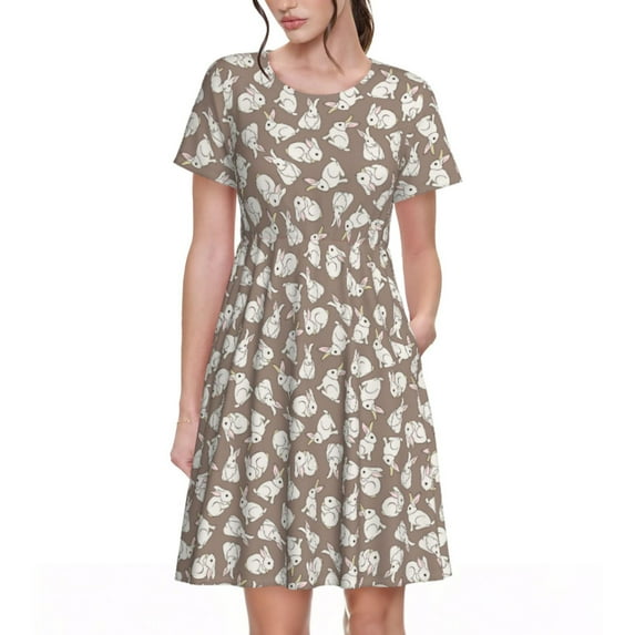 Fotbe Cute Rabbit Pattern Dress Casual Womens Fashion Short Sleeve Maxi Dress T Shirt Dress Striped Long Color Block Maxi Dress
