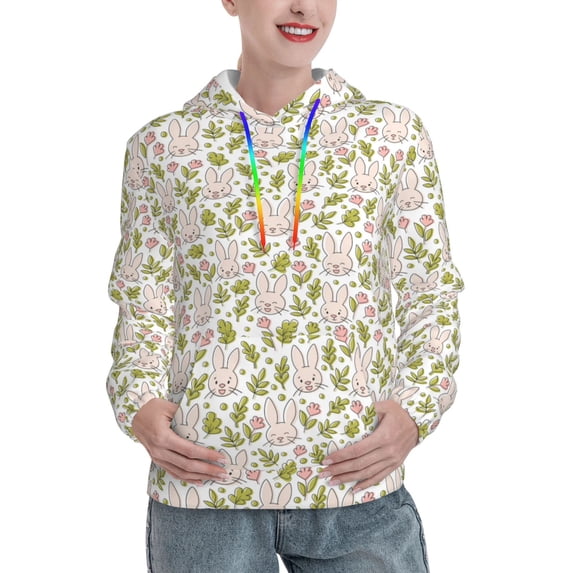 Fotbe Cute Rabbit Pattern Womens Long Sleeve Hoodie, Pullover Hooded Sweatshirt, Kangaroo Pocket Hoodie with Eye-catching Drawstrings-Small