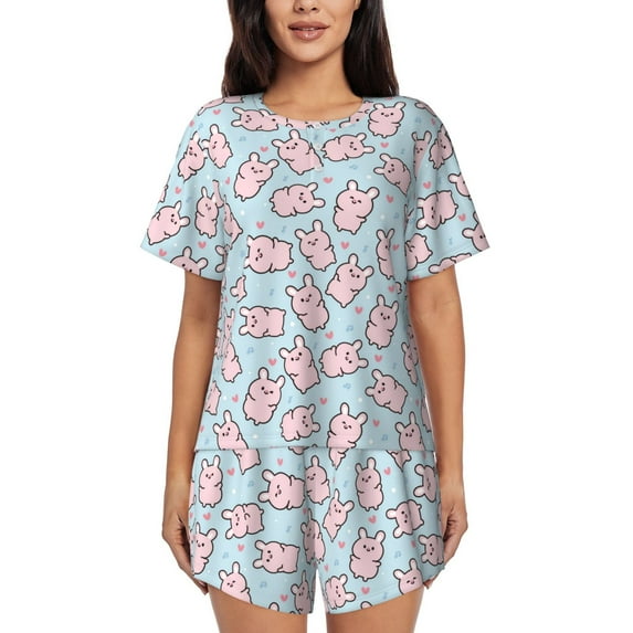 Fotbe Cute Rabbit Print Pajama Set for Women 2 Piece Loungewear Short Sleeve Tops and Shorts Set Soft Sleepwear-4X-Large