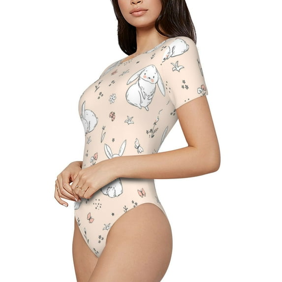 Fotbe Cute Rabbit Women's Crew Neck Short Sleeves Bodysuit Tops Round Neck Slim Sleeveless Soft Comfortable Basic-Large
