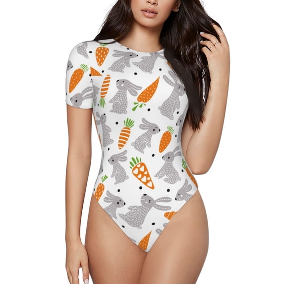 Fotbe Cute Rabbit Women's Crew Neck Short Sleeves Bodysuit Tops Round Neck Slim Sleeveless Soft Comfortable Basic-Medium