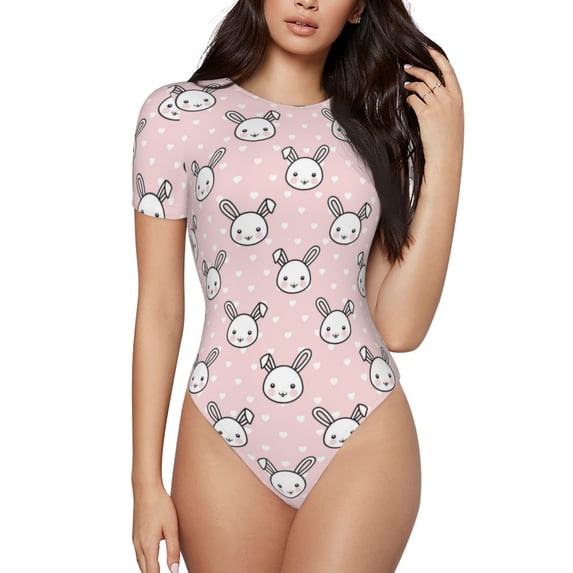 Fotbe Cute Rabbit Women's Crew Neck Short Sleeves Bodysuit Tops Round Neck Slim Sleeveless Soft Comfortable Basic-Medium
