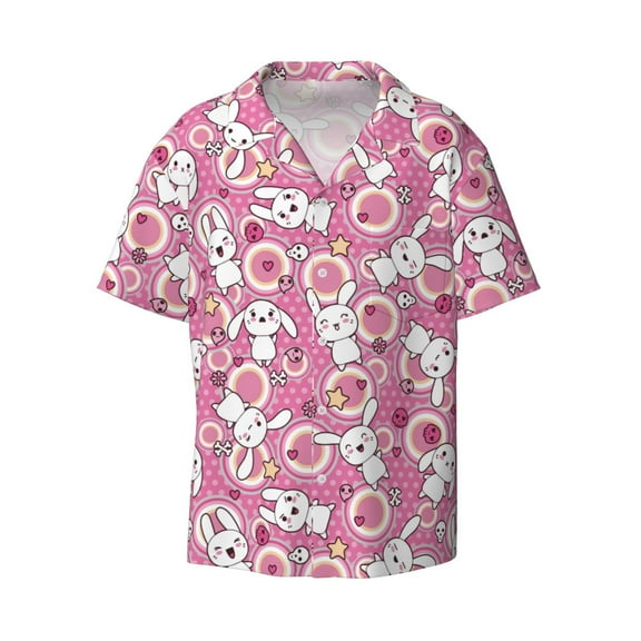 Fotbe Cute Rabbit print Short Sleeve Button Down Shirts for Men Casual Summer Beach Wrinkle Free Shirt-X-Large