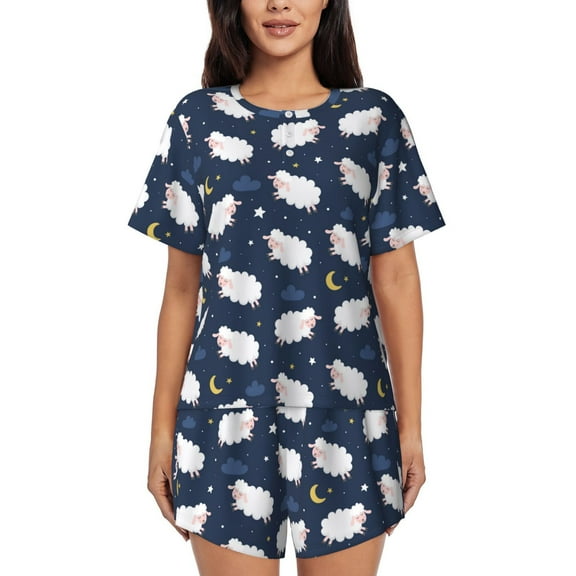 Fotbe Cute Sheep 1 Print Pajama Set for Women 2 Piece Loungewear Short Sleeve Tops and Shorts Set Soft Sleepwear-Medium