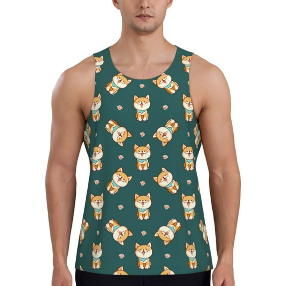 Fotbe Cute Shiba Pattern Men's Quick Dry Workout Tank Top Gym Muscle Tee Fitness Bodybuilding Sleeveless T Shirt Breathable Workout Shirt-X-Large