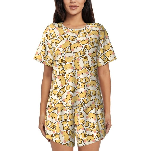 Fotbe Cute Shiba Print Pajama Set for Women 2 Piece Loungewear Short Sleeve Tops and Shorts Set Soft Sleepwear-4X-Large