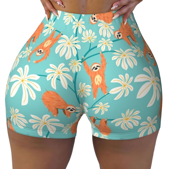 Fotbe Cute Sloth on Floral Tree Seamless Shorts, Womens Workout Shorts High Waist Stretch Booty Short for Gym/Yoga/Running/Biking-Small
